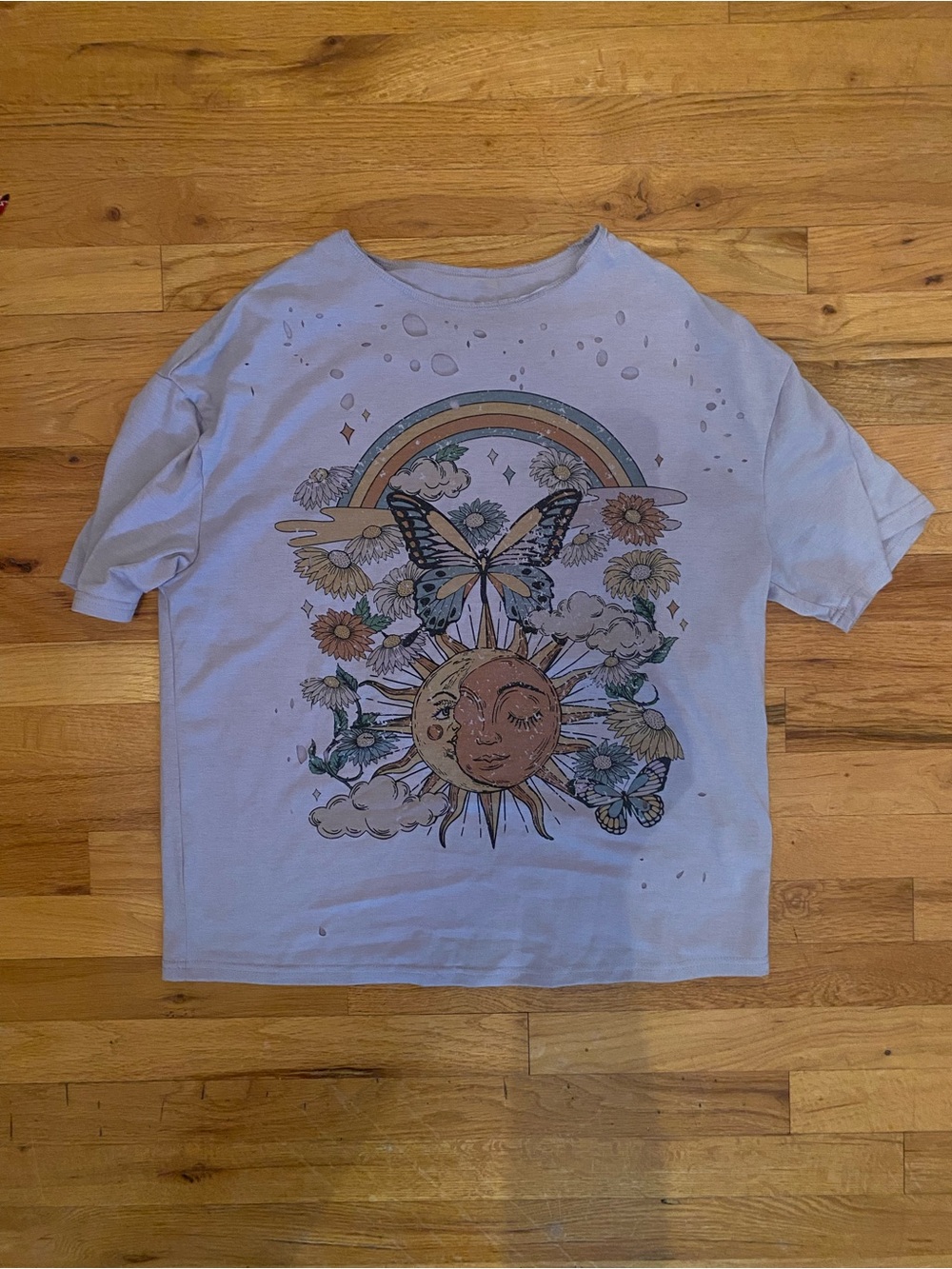 Women Graphic T-Shirt with Sun, Butterfly & Rainbow Design - Light Lavender